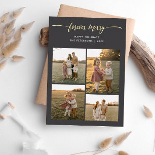 Calligraphy Forever Merry Gold Foil 4 Photo Family Foil Holiday Card