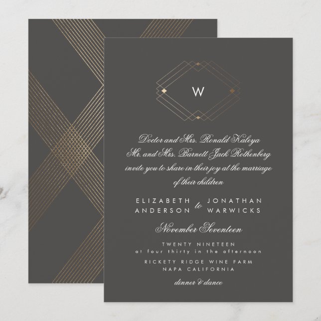 Calligraphy Formal Monogram Gold Foil Charcoal Invitation (Front/Back)