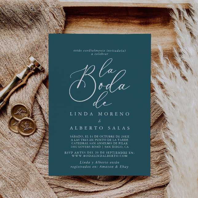 Calligraphy Formal Teal White La Boda de Wedding Invitation (Creator Uploaded)