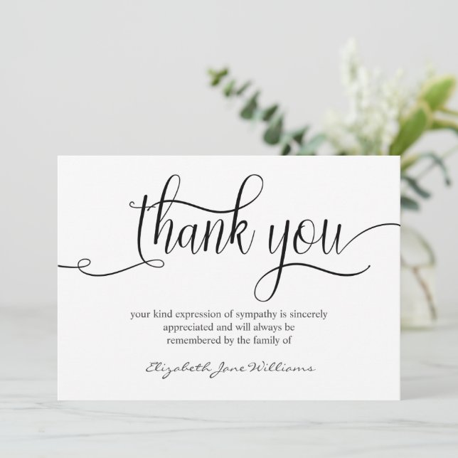 Calligraphy funeral thank you |  Bereavement Card (Standing Front)