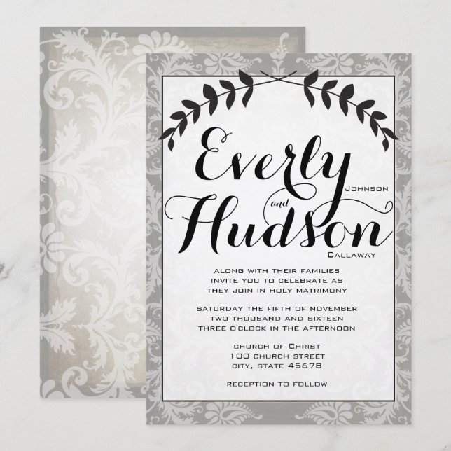 Calligraphy Garland Damask Brown Paper Wedding Invitation (Front/Back)