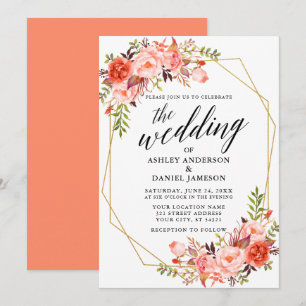 Calligraphy Geometric Coral Floral Wedding Invitation