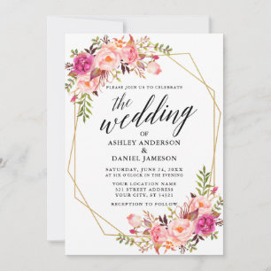 Calligraphy Geometric Wedding Pink Blush Floral Invitation