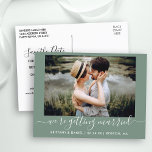 Calligraphy Getting Married Green Save The Date Postcard<br><div class="desc">Modern Trendy Calligraphy Script Couple Photo We're Getting Married Save The Date Engagement Announcement Postcard - Sage Green</div>