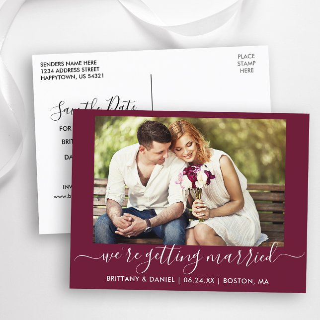 Calligraphy Getting Married Save The Date Burgundy Postcard (Customize to change text size, text style or background color.)
