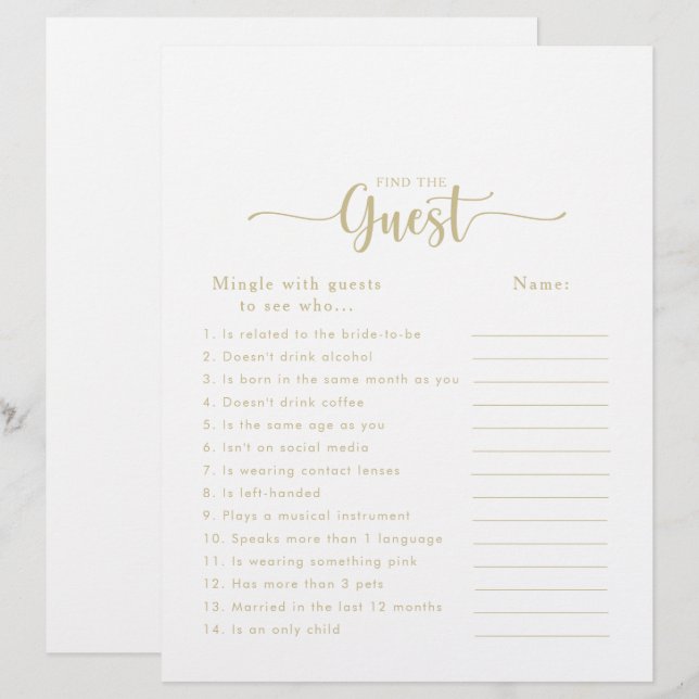 Calligraphy Gold Bridal Shower Find the Guest Game (Front/Back)