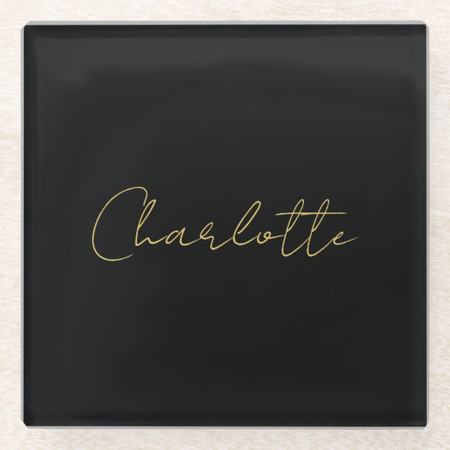 Calligraphy Gold Colour Black Custom Personal Edit Glass Coaster (Front)