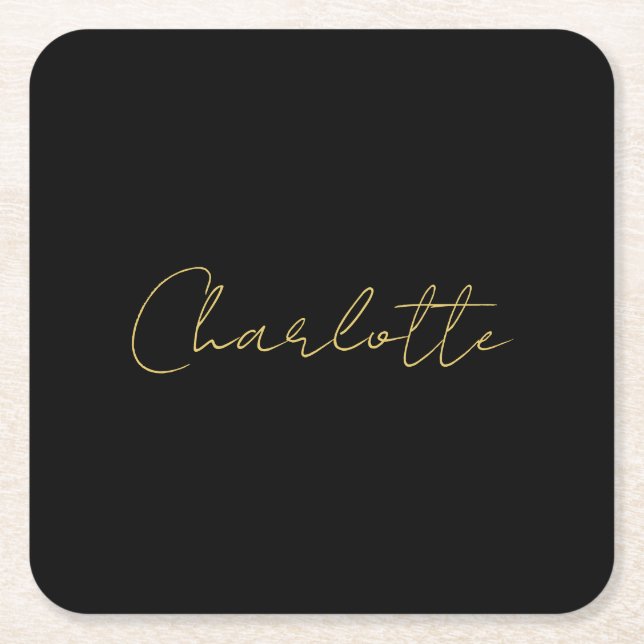 Calligraphy Gold Colour Black Custom Personal Edit Square Paper Coaster (Front)