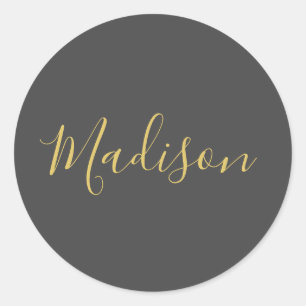 Calligraphy Gold Colour Grey Custom Personal Edit Classic Round Sticker