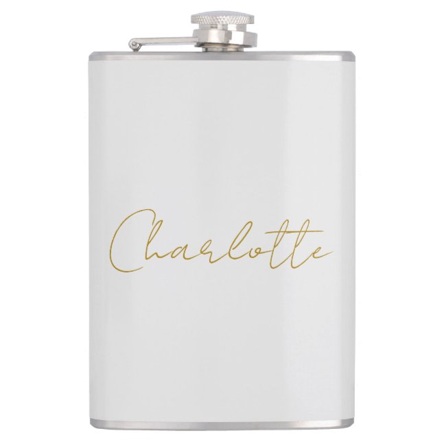 Calligraphy Gold Colour Grey Custom Personal Edit Hip Flask (Front)