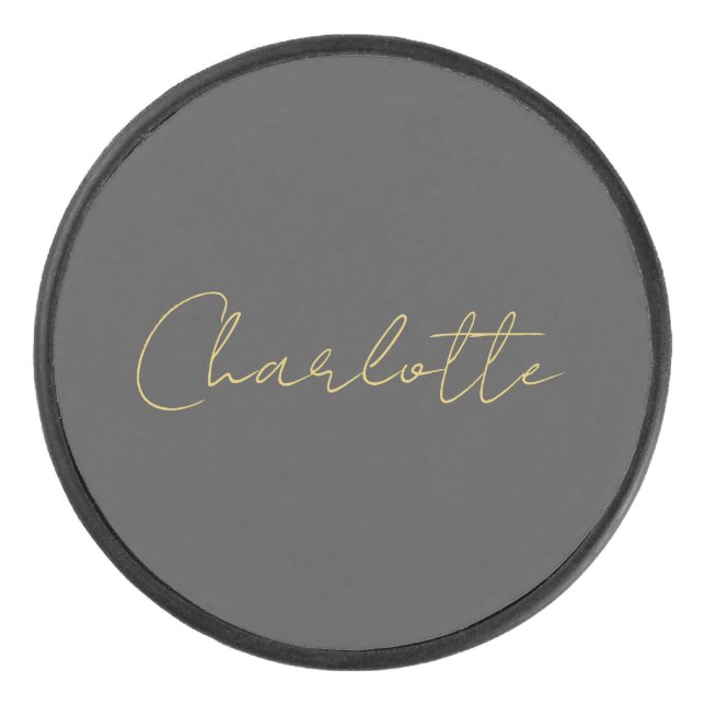 Calligraphy Gold Colour Grey Custom Personal Edit Hockey Puck (Front)