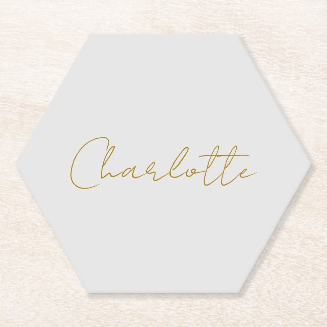 Calligraphy Gold Colour Grey Custom Personal Edit Paper Coaster (Front)