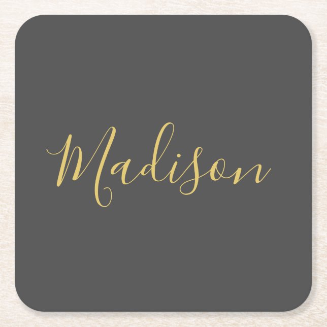 Calligraphy Gold Colour Grey Custom Personal Edit Square Paper Coaster (Front)