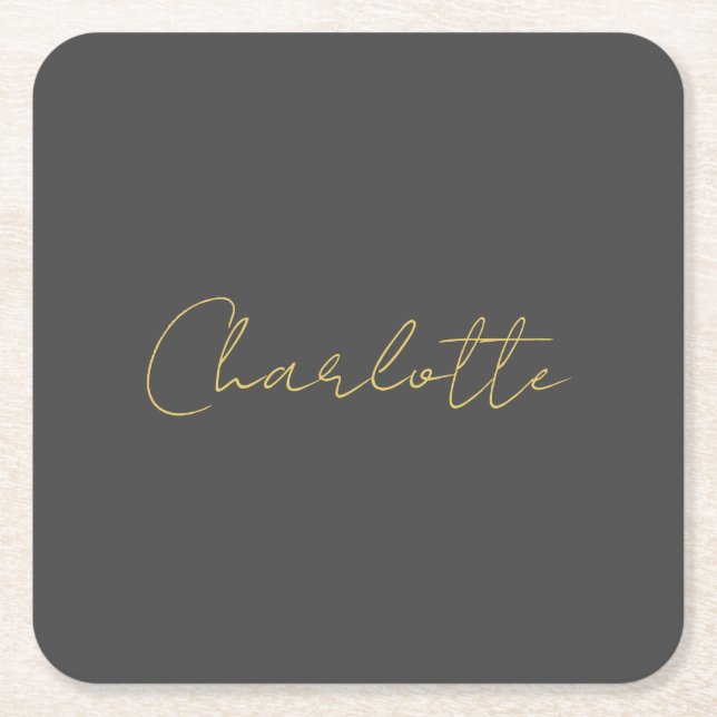Calligraphy Gold Colour Grey Custom Personal Edit Square Paper Coaster (Front)