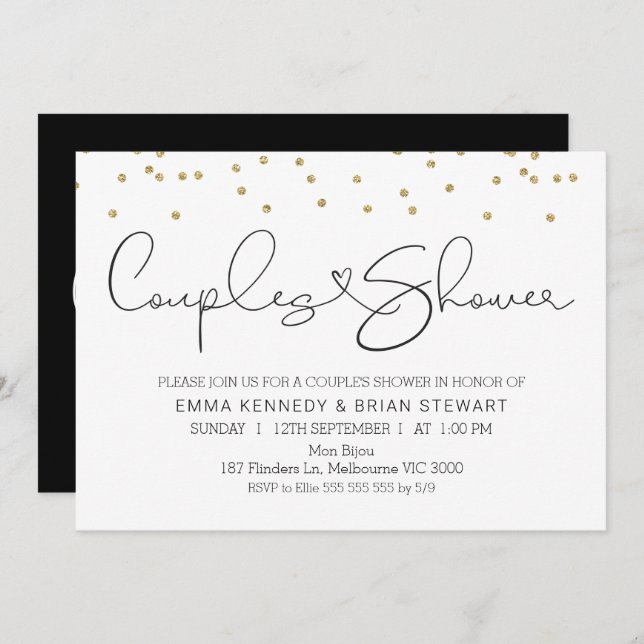 Calligraphy gold dots couples shower invitation (Front/Back)