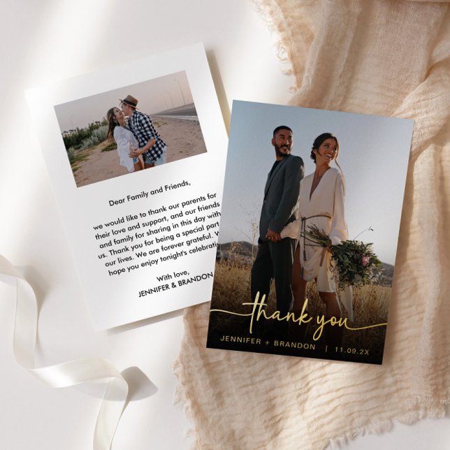 Calligraphy Gold Foil Thank you | Wedding Photo Holiday Card (Creator Uploaded)