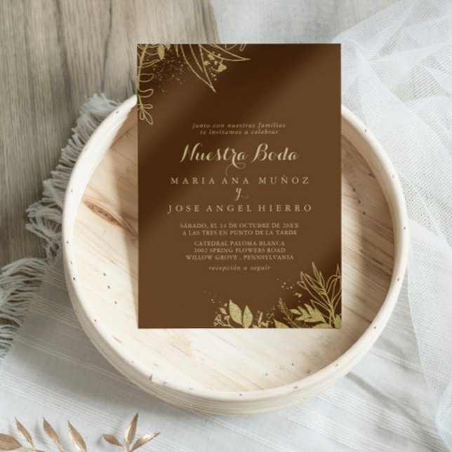 Calligraphy Gold Foliage Nuestra Boda Wedding Invitation (Creator Uploaded)