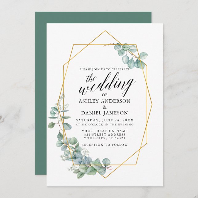 Calligraphy Gold Frame Eucalyptus Greenery Wedding Invitation (Front/Back)