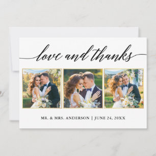 Calligraphy Gold Frame Love Thanks Wedding 3 Photo Thank You Card