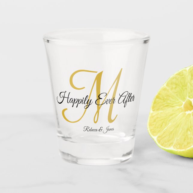 Calligraphy Gold Monogrammed Happily Ever After  Shot Glass (Front)