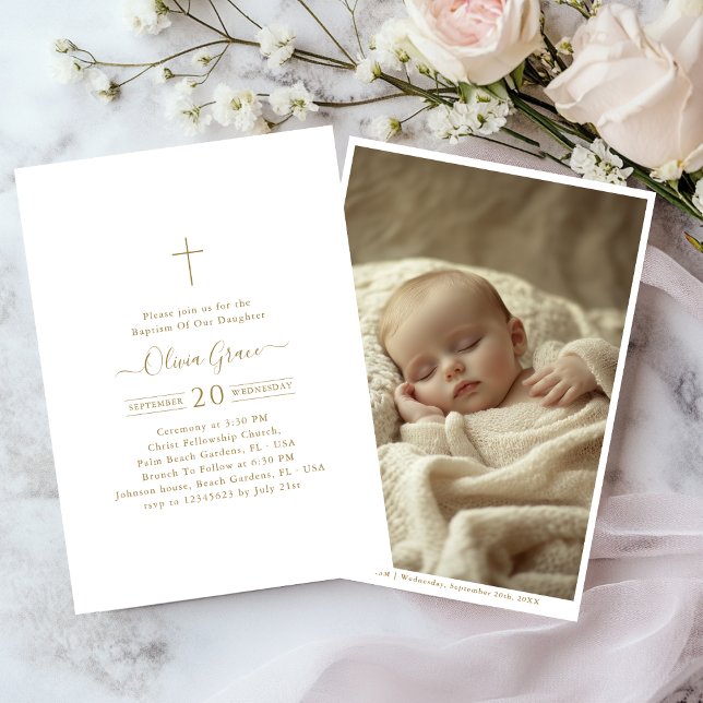 Calligraphy Gold Photo Gender Neutral Baptism Invitation (Creator Uploaded)