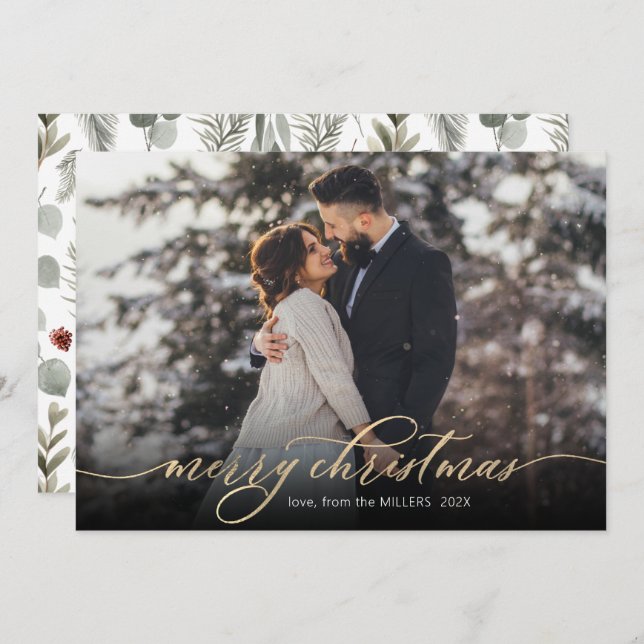 Calligraphy Gold Script Foliage Photo Christmas  Holiday Card (Front/Back)