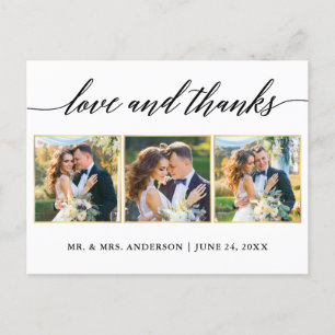 Calligraphy Gold Wedding 3 Photo Love Thanks Postcard