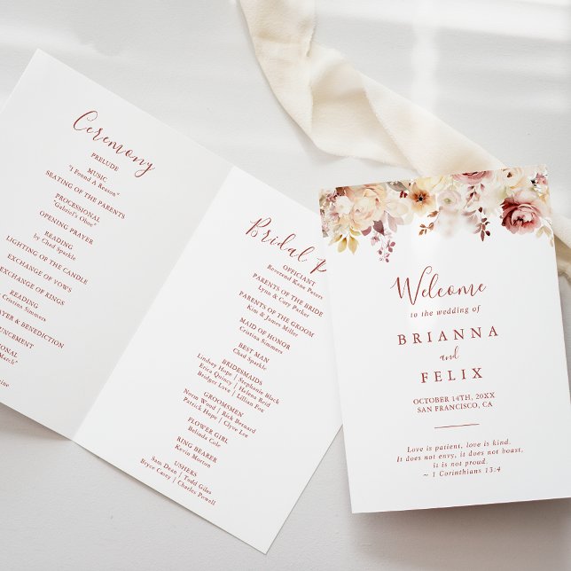 Calligraphy Graceful Floral Folded Wedding Program (Creator Uploaded)