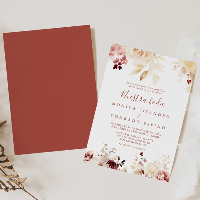 Calligraphy Graceful Floral Nuestra Boda Wedding Invitation (Creator Uploaded)