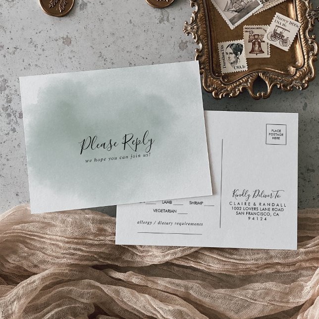 Calligraphy Green and White Menu Choice RSVP  Postcard (Creator Uploaded)