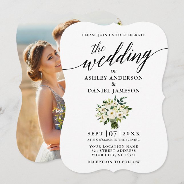 Calligraphy Green Floral Bouquet Photo Wedding Invitation (Front/Back)