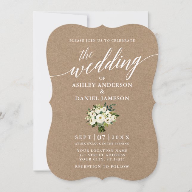 Calligraphy Green Floral Bouquet Wedding Kraft Invitation (Front)