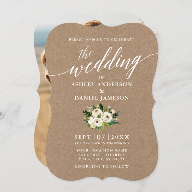 Calligraphy Green Floral Wedding Kraft Photo Invitation (Front/Back)