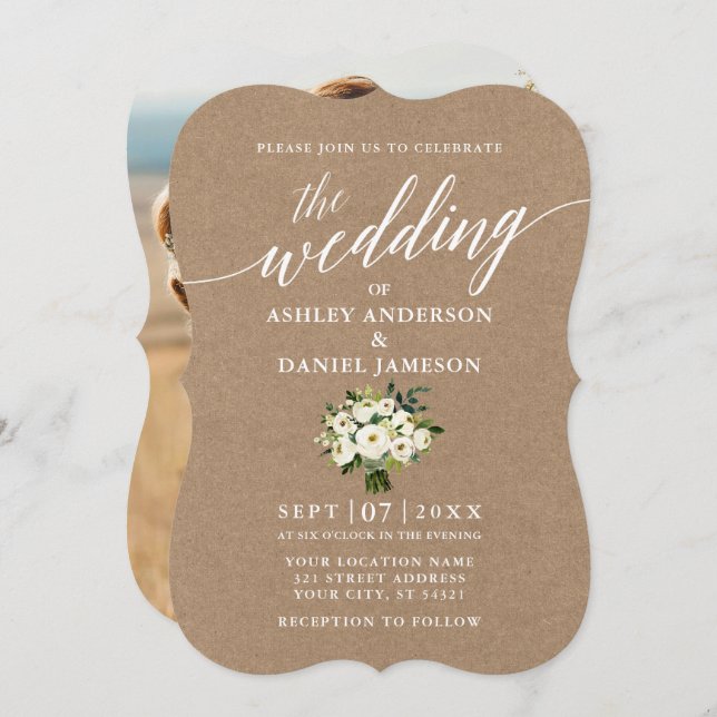 Calligraphy Green Floral Wedding Photo Kraft Invitation (Front/Back)