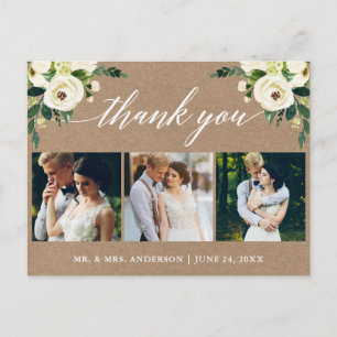 Calligraphy Green Floral Wedding Thank You Kraft Postcard