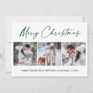Calligraphy Green Ink 3 Photo Couple Christmas Holiday Card