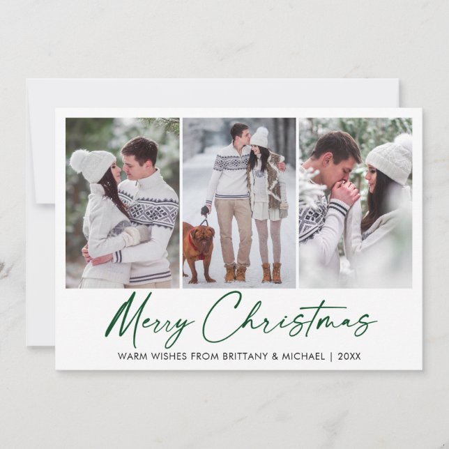 Calligraphy Green Ink Pen Christmas 3 Photo Couple Holiday Card (Front)
