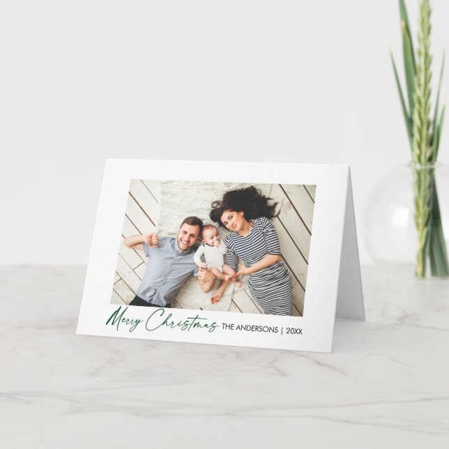 Calligraphy Green Ink Script Christmas Fold Photo Holiday Card (Front)