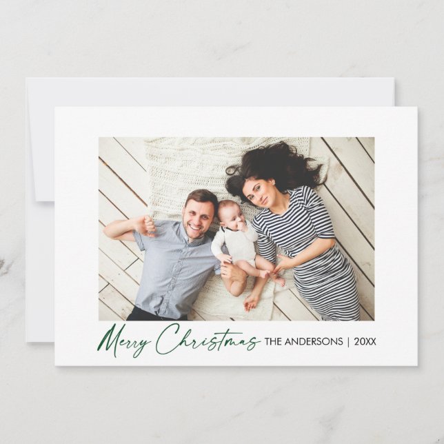 Calligraphy Green Ink Script Christmas Photo Holiday Card (Front)