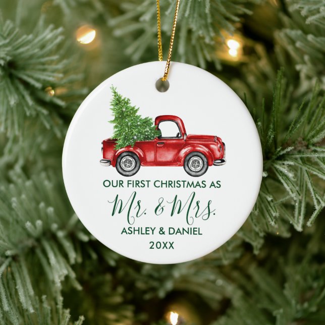 Calligraphy Green Mr. Mrs. Christmas Red Truck  Ceramic Ornament (Tree)