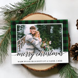 Calligraphy Green Plaid Couple Photo Christmas Postcard<br><div class="desc">Modern Calligraphy Script Green Plaid Couple Photo Christmas Postcard</div>