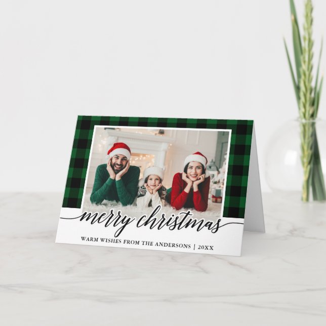 Calligraphy Green Plaid Photo Christmas Fold Holiday Card (Front)