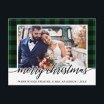 Calligraphy Green Plaid Wedding Photo Christmas Postcard<br><div class="desc">Modern Calligraphy Script Green Plaid Wedding Photo Christmas Postcard</div>