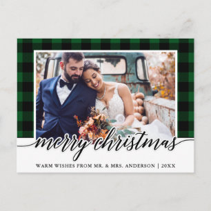 Calligraphy Green Plaid Wedding Photo Christmas Postcard