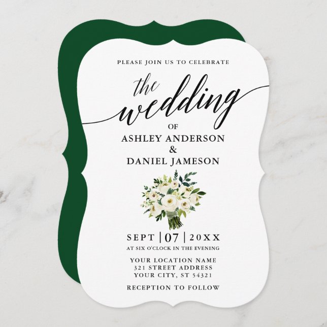 Calligraphy Green White Floral Bouquet Wedding Invitation (Front/Back)