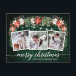 Calligraphy Green Wood 3 Photo Watercolor Floral Postcard<br><div class="desc">Modern Elegant Calligraphy Script,  Watercolor Winter Floral,  String Lights Couple 3 Photo Merry Christmas Postcard includes watercolor red poinsettias,  white roses,  holly berries,  pine cones and botanical greenery foliage. Rustic Country Green Wood.</div>