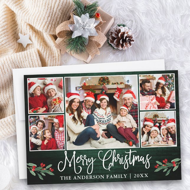 Calligraphy Green Wood Holly 5 Photo Christmas Holiday Card (Customize to add text to back of card.)