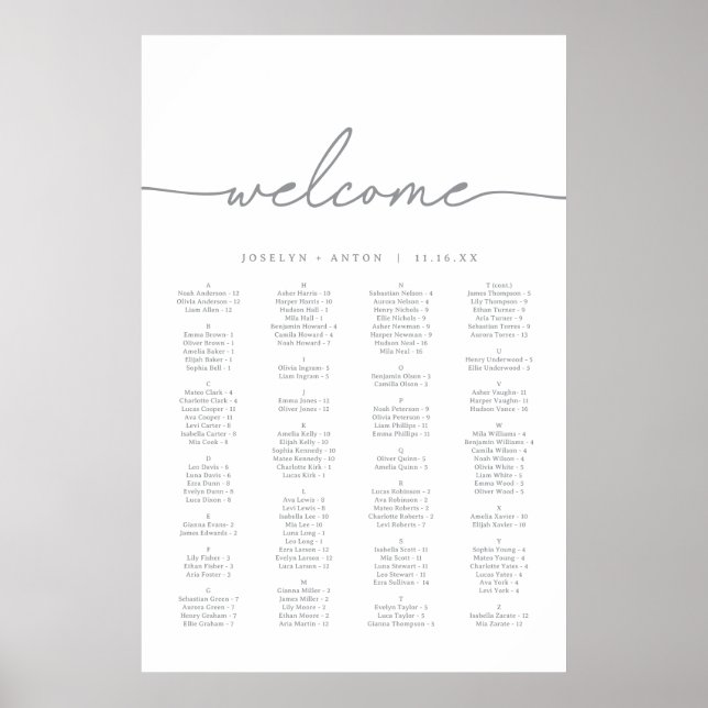 Calligraphy Grey Chic Wedding Seating Chart (Front)