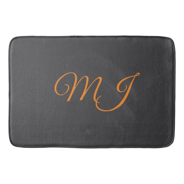 Calligraphy grey orange monogram name initial bath mat (Front)