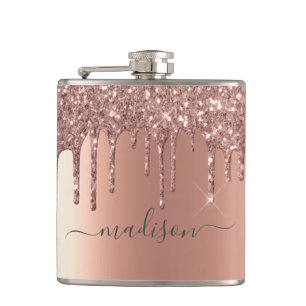Calligraphy Handwritten Custom Rose Gold Glitter Hip Flask